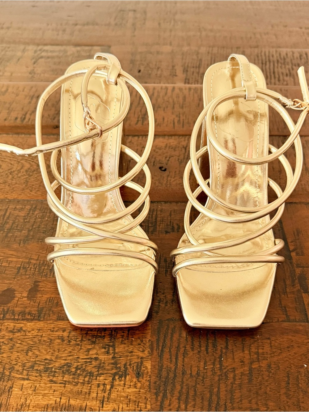 Women's Gold Strappy Heeled Sandals - Square Toe SZ.38